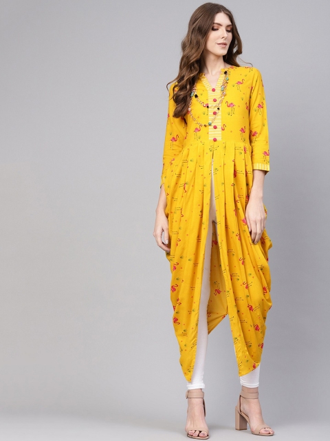 

Pannkh Women Yellow & Pink Printed A-Line Kurta