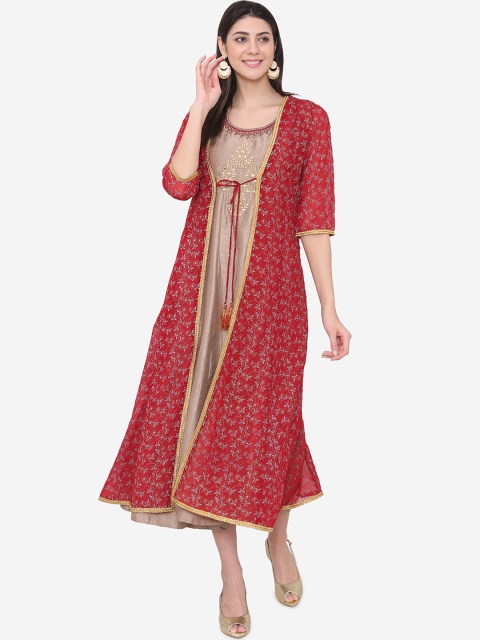 

Laabha Women Red & Mauve Embroidered A-Line Dress With Ethnic Jacket