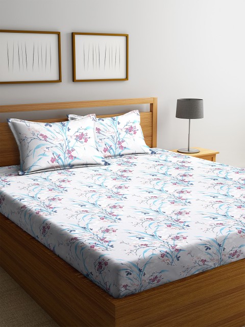 

BOMBAY DYEING Grey & Blue Floral 144 TC Cotton 1 King Bedsheet with 2 Pillow Covers