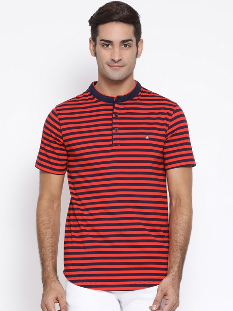 

SWISS MILITARY Men Red Navy Blue Striped Henley Neck Pure Cotton T-shirt