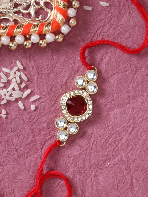 

LIVE EVIL Men Red Gold-Plated Kundan work Rakhi with Raksha Bandhan Greeting Card
