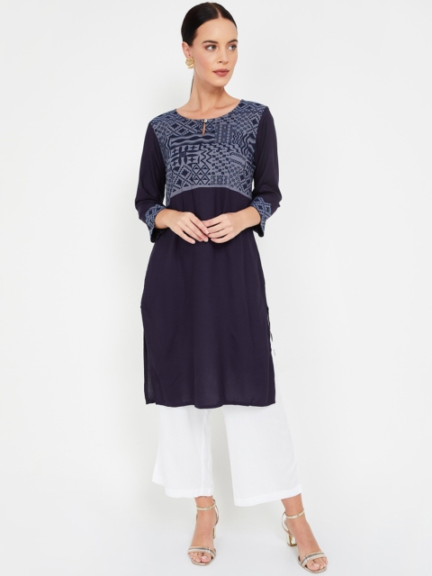 

Melange by Lifestyle Women Navy Blue Yoke Design Straight Kurta