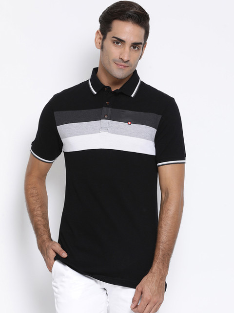 

SWISS MILITARY Men Black & White Striped Polo Collar T-shirt