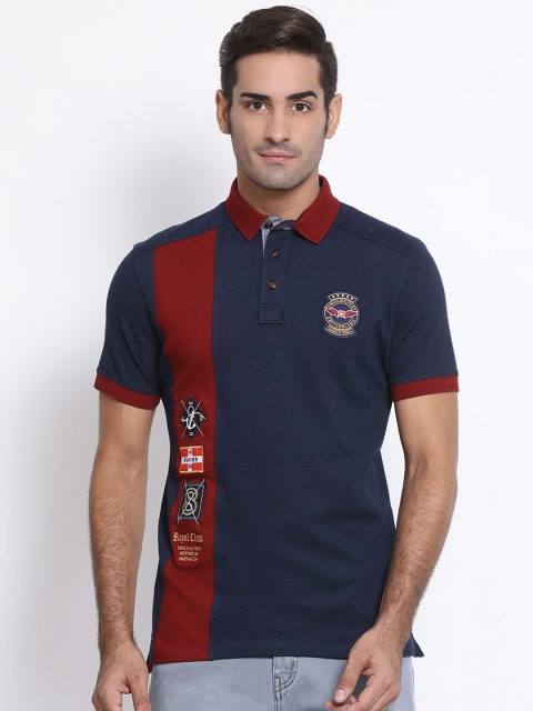 

SWISS MILITARY Men Navy Blue Red Slim Fit Colourblocked Polo Collar Pure Cotton T-shirt