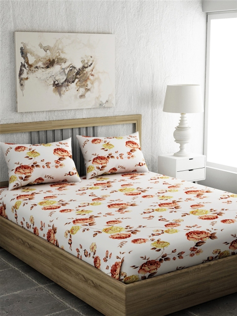 

EverHOME White & Orange Floral 210 TC Cotton 1 King Bedsheet with 2 Pillow Covers