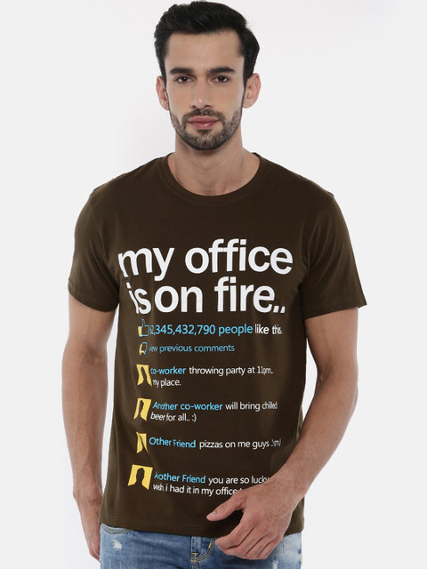

Bushirt Men Olive Brown Printed Round Neck T-shirt