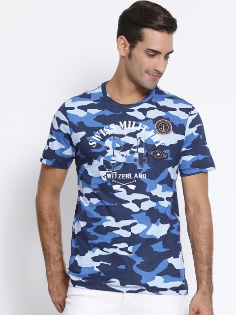

SWISS MILITARY Men Navy Blue White Camo Printed Round Neck Pure Cotton T-shirt