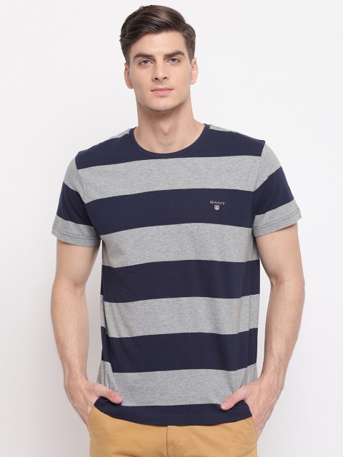 

GANT Men Blue & Grey Striped Round Neck T-shirt