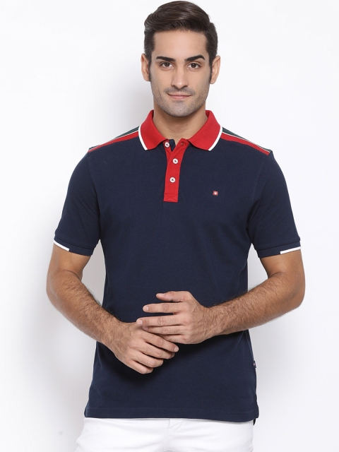 

SWISS MILITARY Men Navy Blue Solid Slim Polo Collar Pure Cotton T-shirt