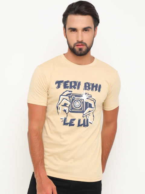 Bushirt Men Beige & Navy Blue Printed Round Neck T-shirt