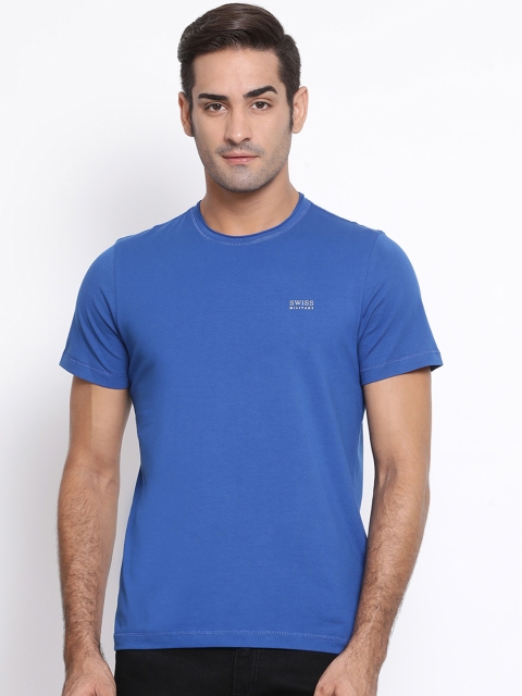 

SWISS MILITARY Men Blue Solid Round Neck Pure Cotton T-shirt