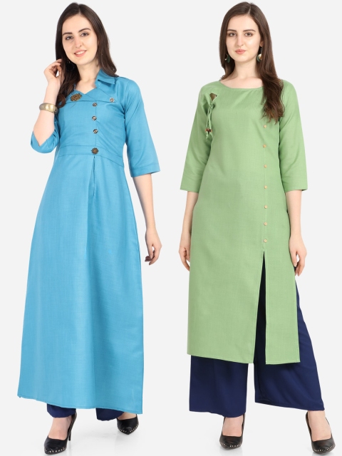 Women Turquoise Pack Of 2 Solid A-Line Kurtas