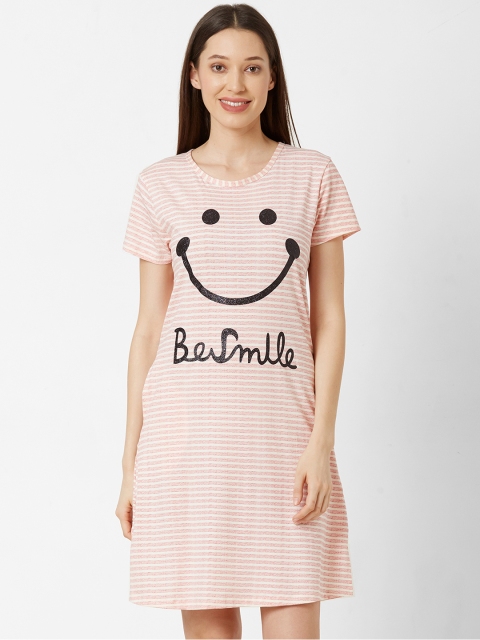 

Sweet Dreams White & Pink Striped Pure Cotton Sleep Shirt with Applique Detail