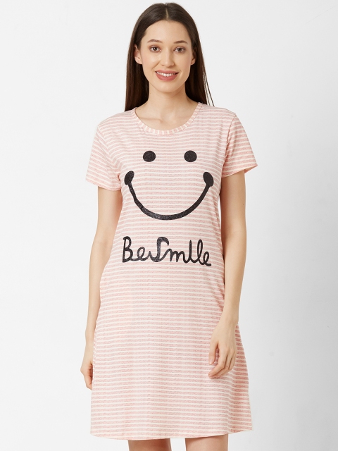 

Sweet Dreams Women Pink & White Printed Round Neck Sleep Shirts