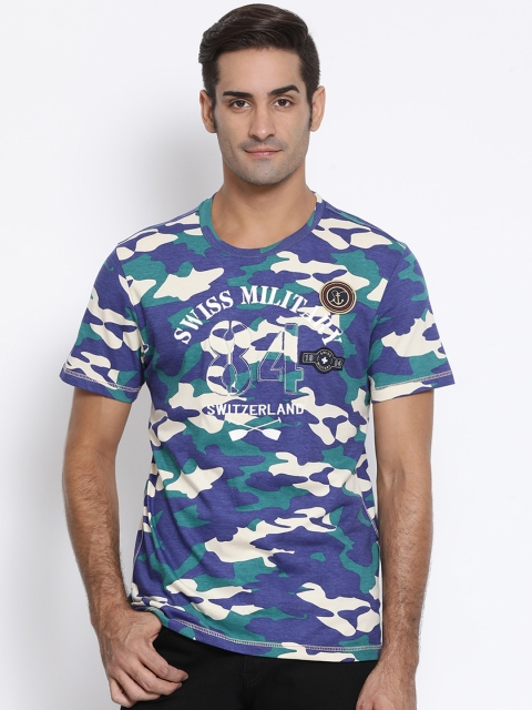 

SWISS MILITARY Men Blue Printed Round Neck Pure Cotton T-shirt
