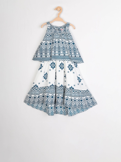 

Peppermint Girls Teal Blue & White Printed A-Line Layered Dress