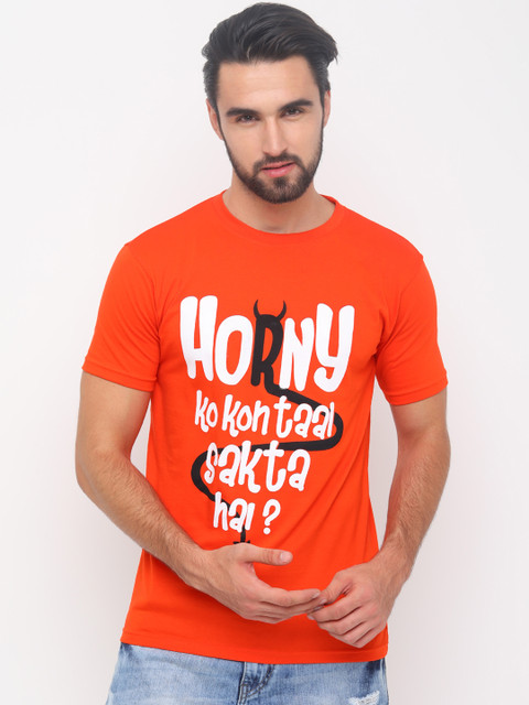 

Bushirt Men Orange & White Printed Round Neck T-shirt