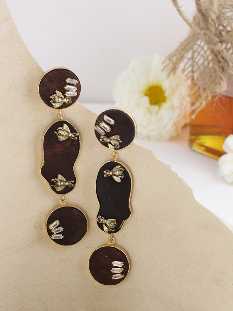 

NITAARA Brown & Gold-Toned Wood Teardrop Shaped Drop Earrings