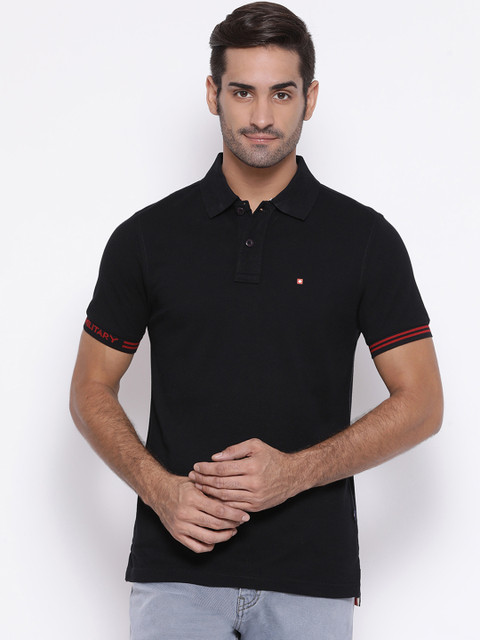 

SWISS MILITARY Men Black Solid Polo Collar Pure Cotton T-shirt