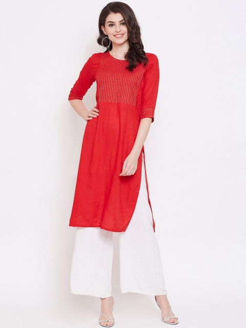 

Ishin DESIGNER STUDIO Women Red Yoke Design A-Line Kurta