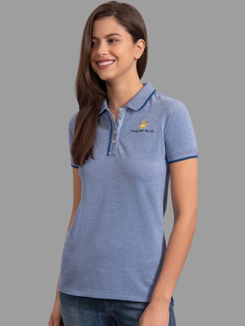 Beverly Hills Polo Club Women Blue Solid Polo Collar T-shirt