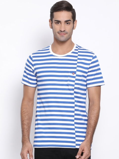 

SWISS MILITARY Men Blue & White Striped Slim Fit Round Neck T-shirt