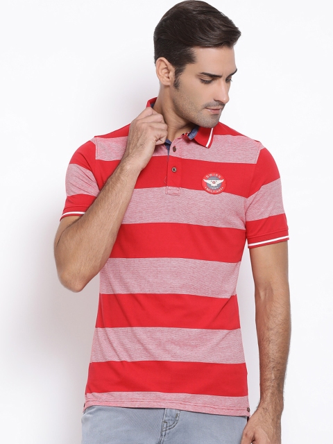 

SWISS MILITARY Men Red Slim Fit Striped Polo Collar Pure Cotton T-shirt