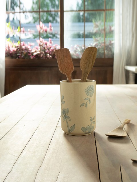

ellementry Off-White & Blue Printed Fiore Ceramic Utensil Holder