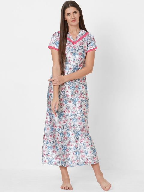 

Sweet Dreams White & Blue Floral Printed Nightdress