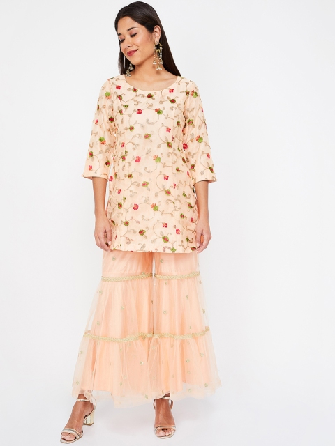

Melange by Lifestyle Women Peach-Coloured Embroidered Kurti with Sharara & Dupatta