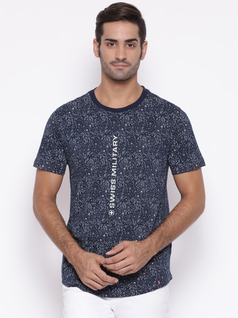 

SWISS MILITARY Men Navy Blue White Brand Logo Print Round Neck Pure Cotton T-shirt