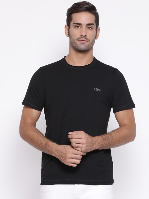 

SWISS MILITARY Men Black Solid Round Neck Pure Cotton T-shirt