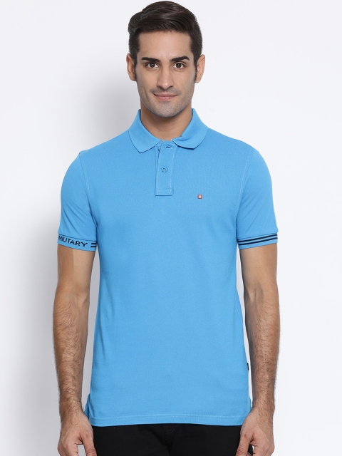 

SWISS MILITARY Men Turquoise Blue Solid Polo Collar Pure Cotton T-shirt