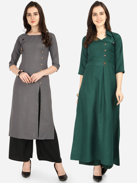 

Silk Bazar Women Pack Of 2 Grey & Green Solid A-Line Kurta
