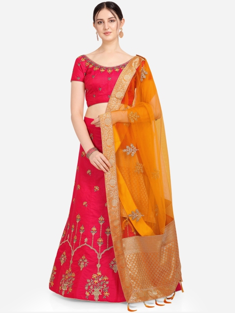 

Stylee LIFESTYLE Magenta & Yellow Woven Design Semi-Stitched Lehenga & Blouse with Dupatta