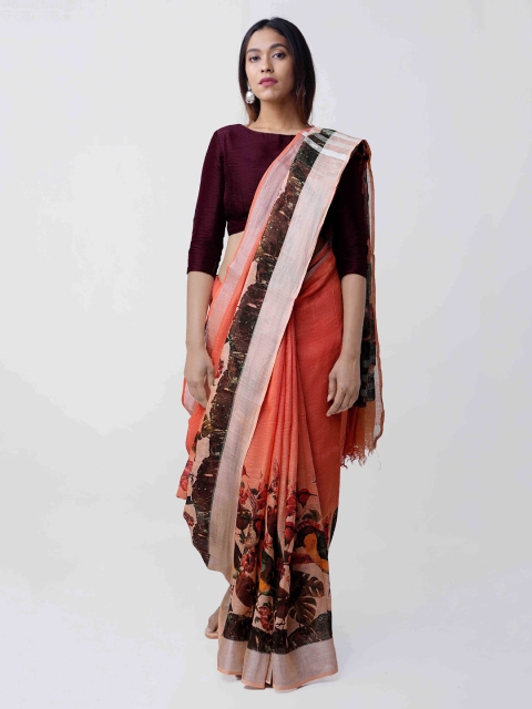

Unnati Silks Orange & Maroon Pure Handloom Linen Printed Saree