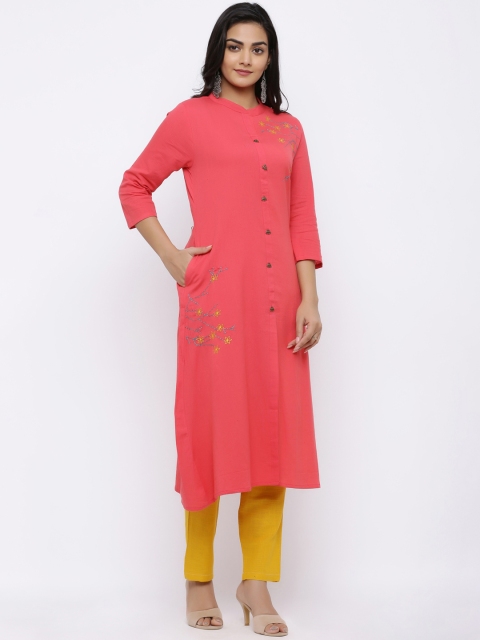 Indi INSIDE Women Coral Red & Mustard Yellow Embroidered Kurta with Palazzos