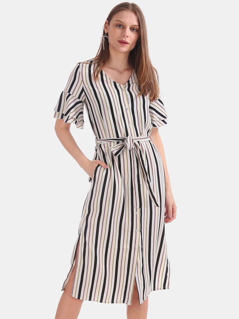 

ELLE Women White & Black Striped Shirt Dress