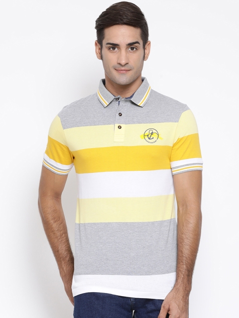 

SWISS MILITARY Men Yellow Grey Striped Polo Collar Pure Cotton T-shirt
