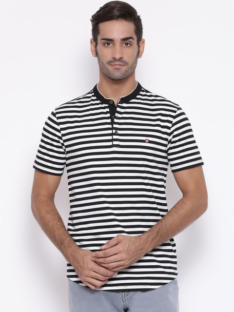 

SWISS MILITARY Men Black White Striped Henley Neck Slim Fit Pure Cotton T-shirt