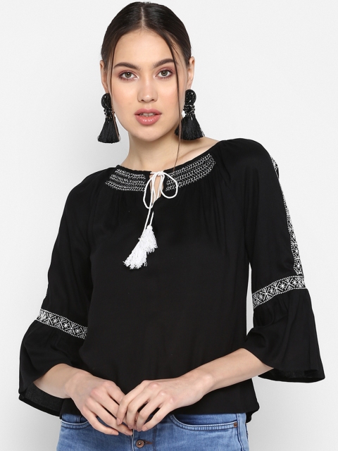 

FOSH Women Black Solid Pure Cotton Top