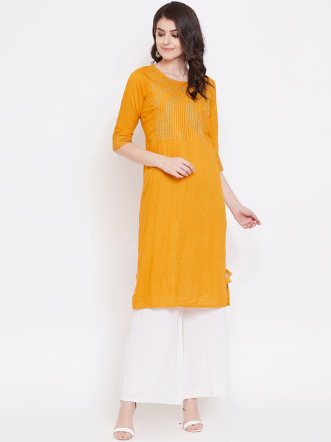 

Ishin DESIGNER STUDIO Women Mustard Yoke Design A-Line Kurta
