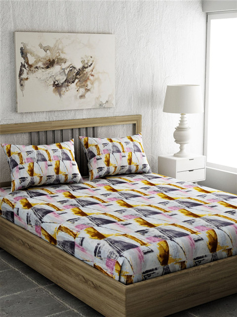 

EverHOME White & Pink Geometric 210 TC Cotton 1 Queen Bedsheet with 2 Pillow Covers