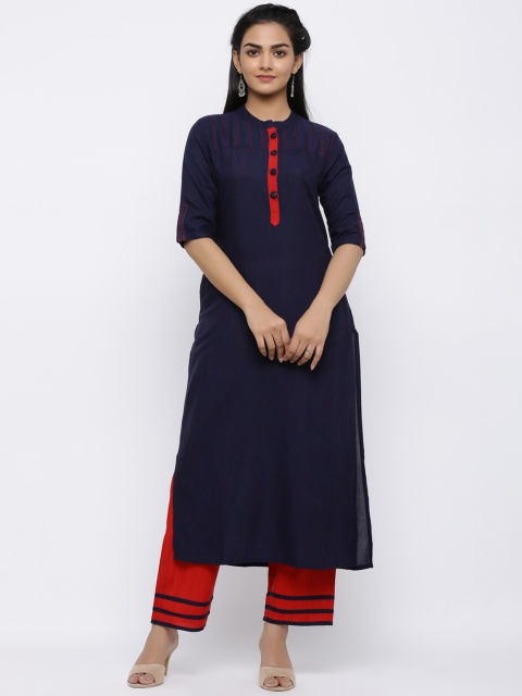 

Indi INSIDE Women Navy Blue & Red Self Design Kurta with Palazzos