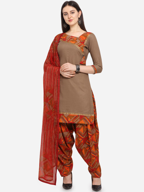 

Ethnic Junction Taupe & Orange Cotton Blend Unstitched Dress Material