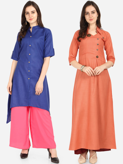 

Silk Bazar Women Set Of 2 Blue & Orange Solid Kurta