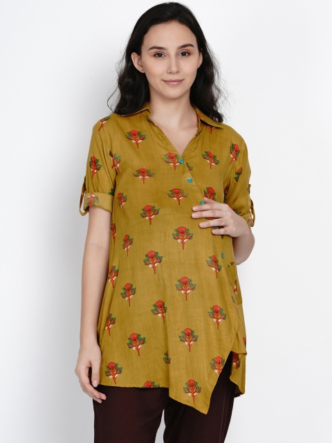 

Mine4Nine Women Mustard Yellow Floral Printed Maternity Shirt Style Top