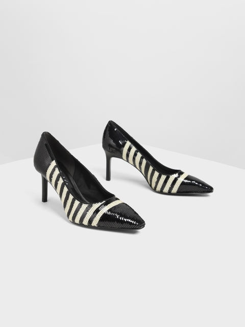 

CHARLES & KEITH Women Black & Off-White Embellished Pumps