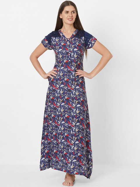 

Sweet Dreams Navy Blue & Off-White Printed Nightdress