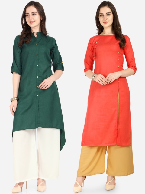 

Silk Bazar Women Pack Of 2 Green & Orange Solid A-Line Kurta